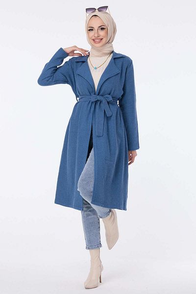 TOFİSA Women's Blue Trench Straight Jacket Collar - 13030