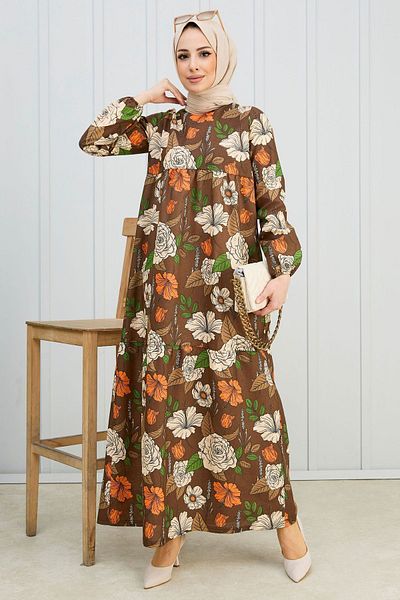 TOFİSA Brown Women's Dress - Straight Crew Neck - 11007