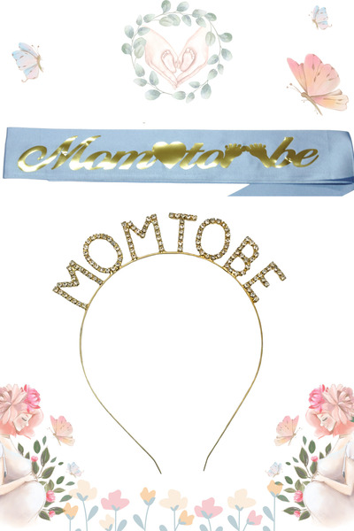 Larenya Mom To Be Metal Taç Ve Kuşak & Baby Shower Set & Mavi Altın Kuşak Taşlı Altın Taç