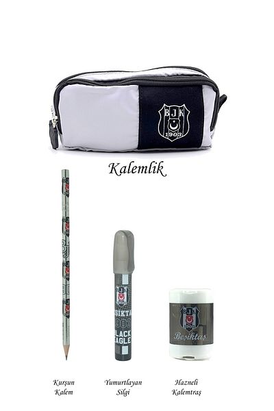 Beşiktaş 3-Piece Wooden Pencil Case - 2 Compartments Original Pencil Holder Set, Stationery Gift