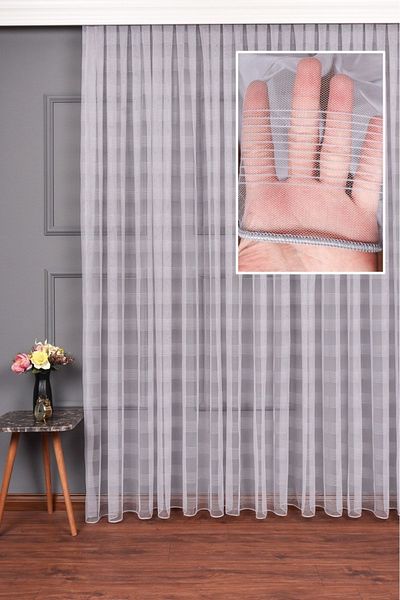 elision home Striped Dobby Gray Plain Tulle Curtain, 600x250, Normal Pleat, 1/2.5