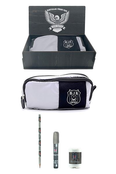 Beşiktaş 3-Piece Wooden Pencil Case - 2 Compartments Original Pencil Holder Set, Stationery Gift