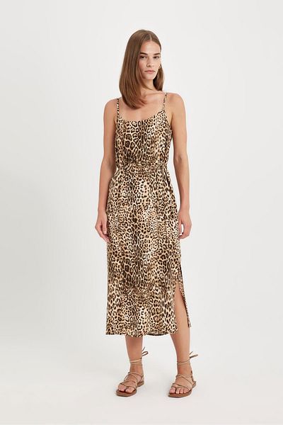 DeFacto Midikleid mit Rundhalsausschnitt und Leopardenmuster - Maroken Strap D1793ax24hs