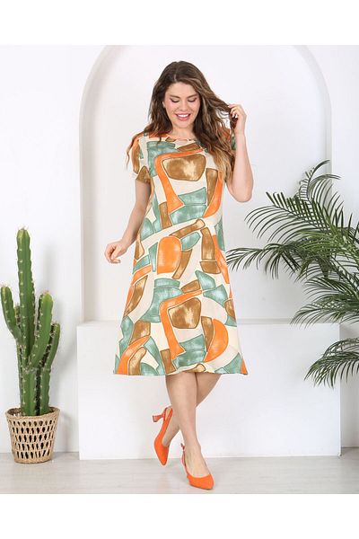 Butik Nilyam Crew Neck Print Midi Dress - Short Sleeve, Plus Size 24133