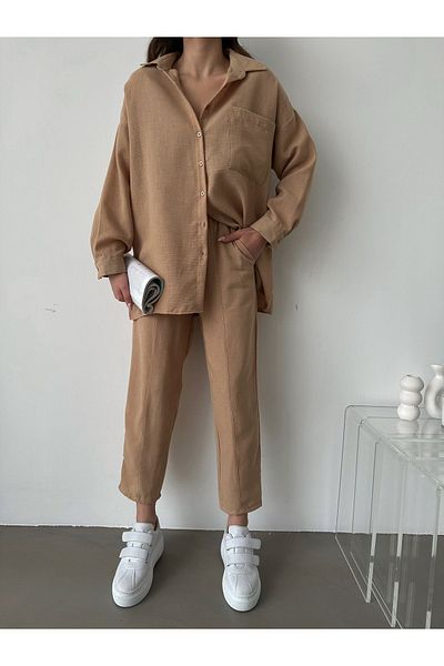 BEJNA Női Camel Oversize vászon ing nadrág felső és alsó szett
