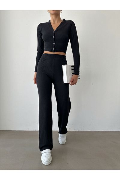 BEJNA Women's Black Crop Cardigan Palazzo Pants Set