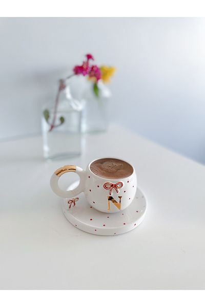 Mugtasarım 24 K Gold Gilded Red Double Turkish Coffee Cup - Letter N