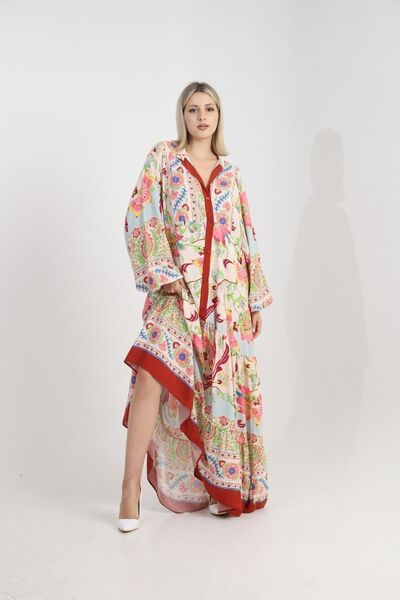 BEJNA Dámské tkané Maxi šaty s květinovým vzorem na knoflíky