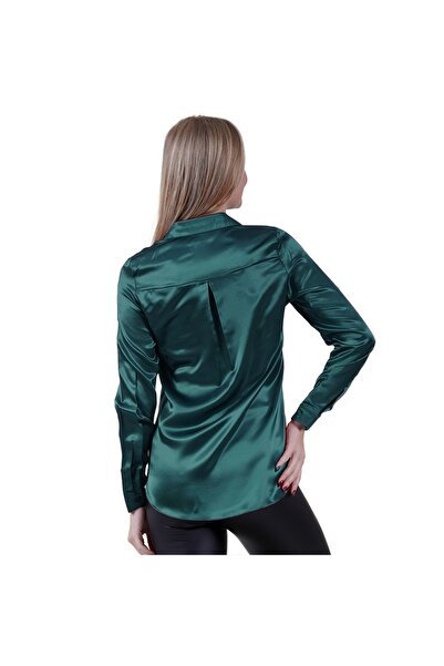 Exve Exclusive Green Lightweight Flowy Back Bellows Satin Woven Women's Shirt