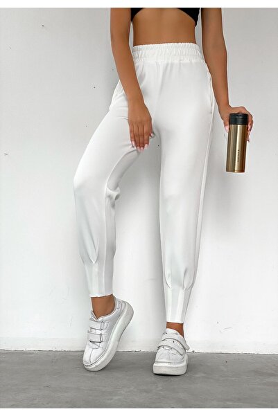 BEJNA Women's White High Waist Pleated Trousers