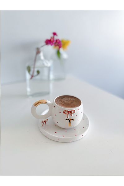 Mugtasarım 24 K Gold Gilded Red Double Turkish Coffee Cup - Letter T
