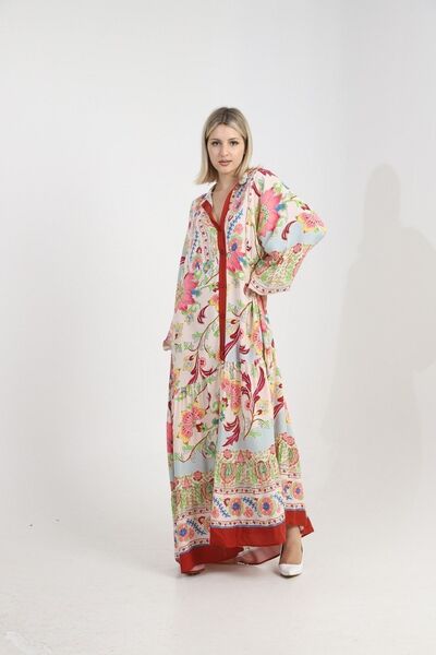 BEJNA Dámské tkané Maxi šaty s květinovým vzorem na knoflíky