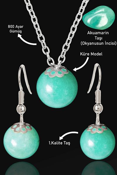 Tesbih Atölyesi Aquamarine Stone Globe Model Necklace and Earring Set - Certified with Silver Apparatus