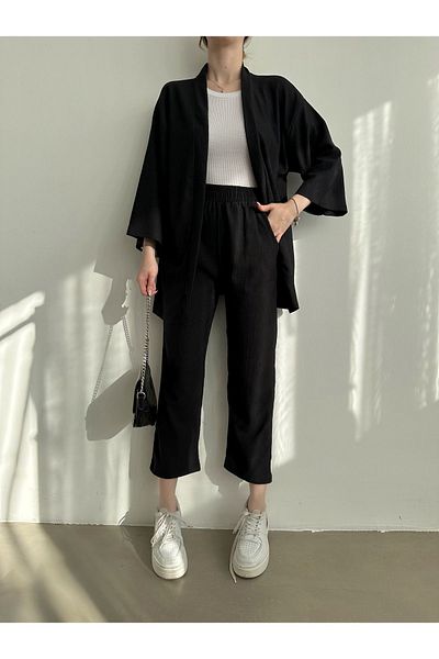 BEJNA Schwarzes Kimono-Hosen-Strickset für Damen