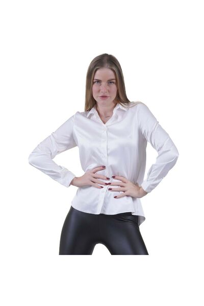 Exve Exclusive Cămașă albă, ușoară, care curge pe spate, cu țesătură din satin, pentru femei