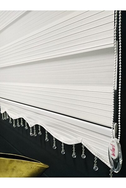 venedik home Brilliant Geniş Pliseli Beyaz Stor Zebra Perde Şeffaf Bonçuklu En X Boy Seçenekli