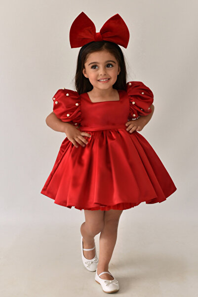 Bertuğ Bebek Saten Lalin Kız Çocuk Bebek Kırmızı Balon Kol Abiye Elbise