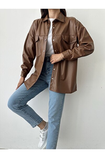 BEJNA Dámská košile s hnědou kapsou z umělé kůže