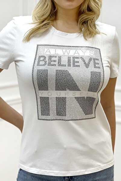 RICH GLAM Large Size Crystal Stone White Women's T-Shirt Written Comfortable Stylish