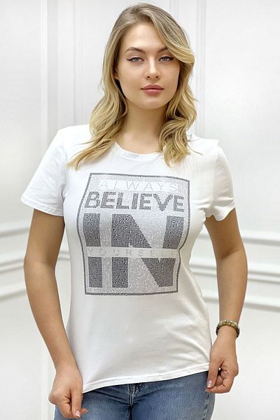 RICH GLAM Large Size Crystal Stone White Women's T-Shirt Written Comfortable Stylish