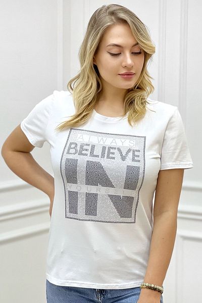 RICH GLAM Large Size Crystal Stone White Women's T-Shirt Written Comfortable Stylish