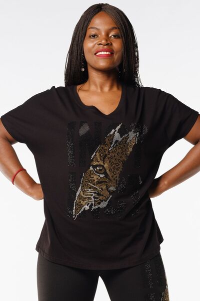 RICH GLAM Loose Fit Tiger Crystal Stone Plus Size Μαύρο βαμβακερό κομψό άνετο γυναικείο μπλουζάκι