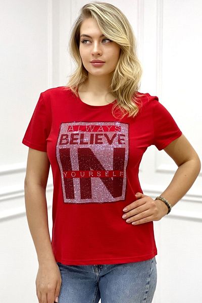 RICH GLAM Written Crystal Stone Large Size Crew Neck Short Sleeve Cotton Comfortable Stylish Red Women's T-Shirt T-Shirt