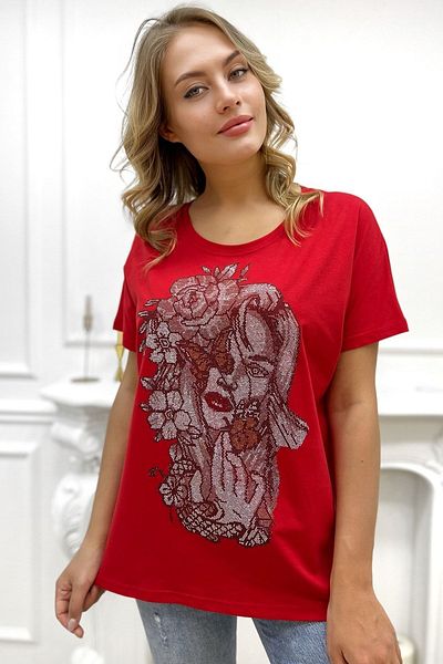 RICH GLAM Loose Fit Crystal Stoned Plus Size Crew Neck Cotton Red Women T-shirt