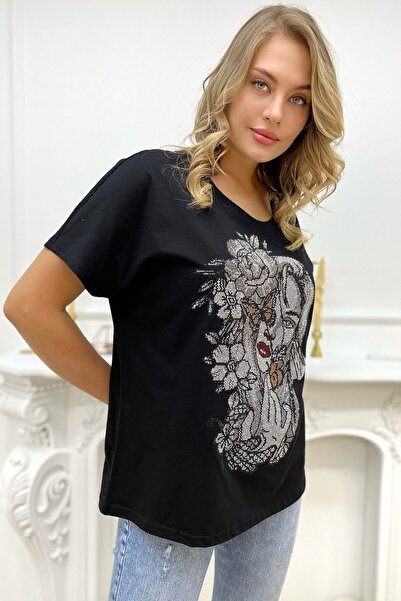 RICH GLAM Volný střih Crystal Stoned Plus Size Crew Neck Cotton Black Dámské tričko