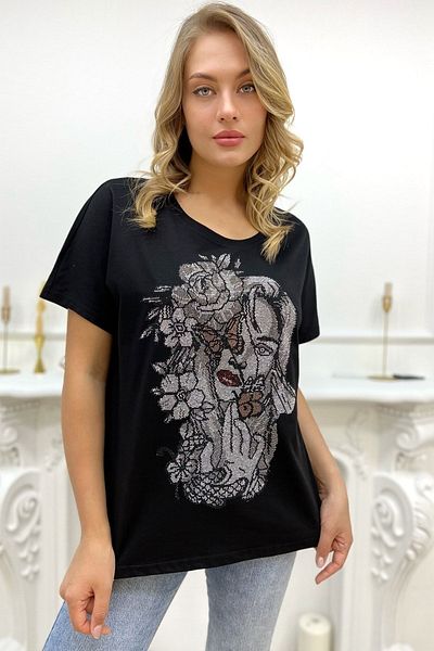 RICH GLAM Loose Fit Crystal Stoned Plus Size Crew Neck Cotton Black Women T-shirt