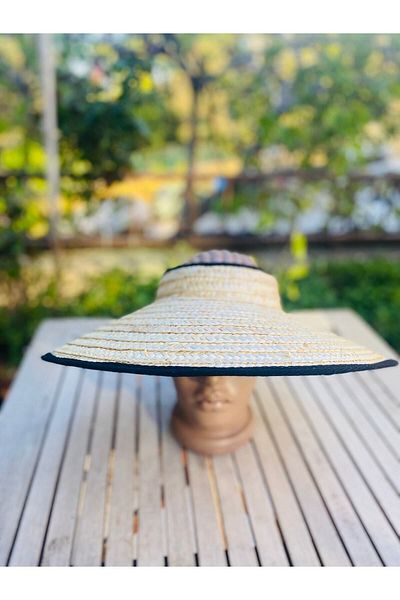 AKTEZ-EL Women's Black Ribbon Straw Visor Hat