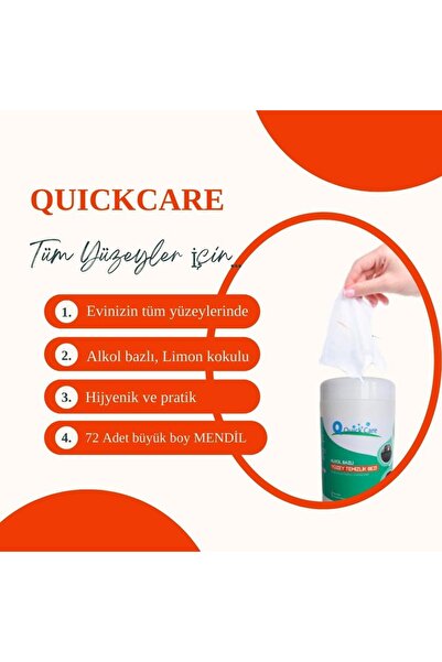 QUICKCARE Islak Kova Mendil 72 Adet - Dezenfektanlı Alkol Bazlı, Limon Kokulu