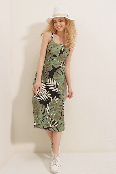 HAKKE Green Big Palm Pattern Zippered Women's Dress
