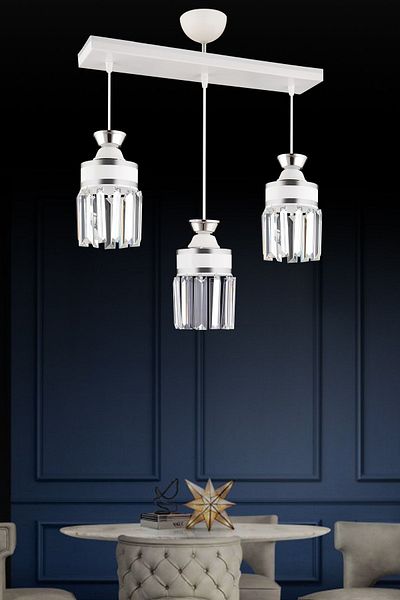 SONSUZ AYDINLATMA&AVİZE Tokyo 3 Row White Pendant Lamp Tray Crystal Stone Chrome Strip Cylinder Downward Facing Luxury Chandelier