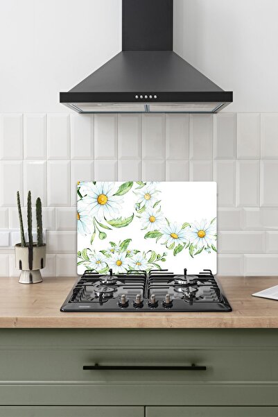 ALİN DİZAYN Cam Ocak Arkası Koruyucu Papatya Desen 40cm X 60 Cm