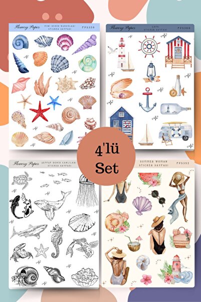 Flowery Paper 4'lü Ya Temalı  Sticker Sayfaları - Defter ,Ajanda ,Journal,Scr...
