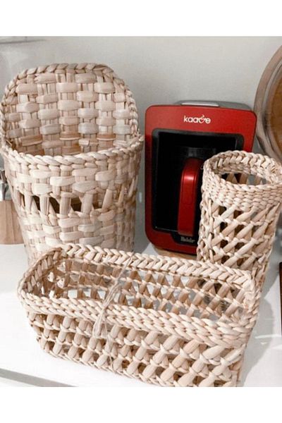 AFRALYAHOME Ψάθινο και Ξύλινο Organizer Κουζίνας - Σετ μαχαιροπήρουνων 3 τεμαχίων