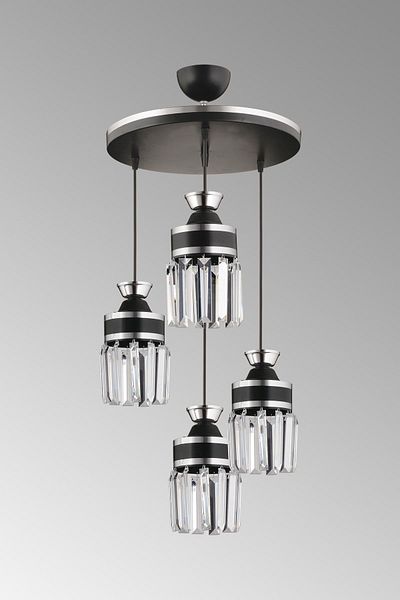 SONSUZ AYDINLATMA&AVİZE Tokyo 4-Piece Black Pendant Lamp Crystal Stone Chrome Strip Cylinder Downward Facing Luxury Chandelier