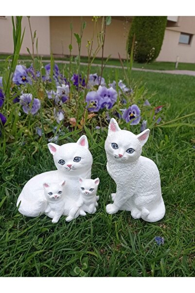 BilgeCe hoMe Kedi Ailesi Biblo, Anne Yavru Kediler Ve Baba Heykeli, Beyaz Mav...