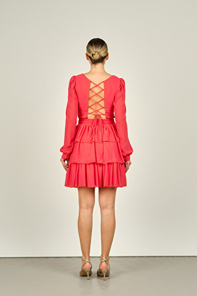 Dans Coral Colored Women's Evening Dress - Window Detailed and Layered Skirt 1298