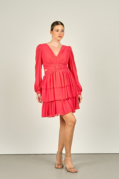 Dans Coral Colored Women's Evening Dress - Window Detailed and Layered Skirt 1298