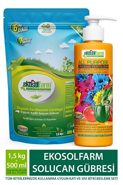 EkosolFarm Salon ve Balkon Bitkileri Gübre Seti Katı, Sıvı Solucan Gübresi Set Ürün Bitki Besleyici