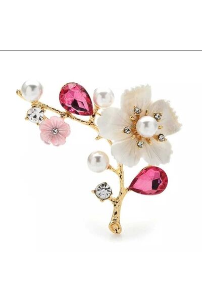 ESJ Kristal Taş Erik Dalı Çiçek Kadın Broş Ebat: 6,5*5,5 Cm