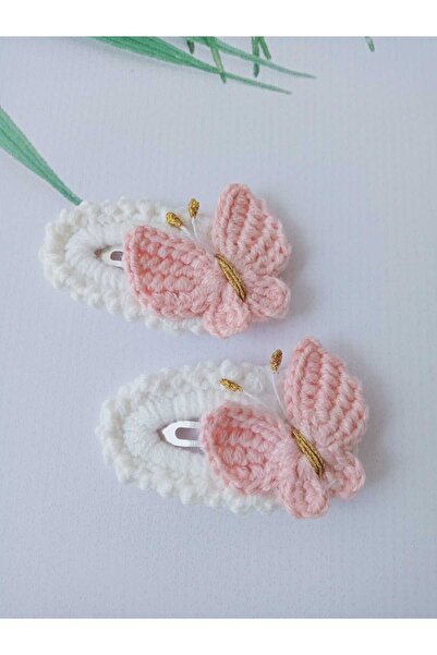 Punch Dükkanı Pembe Kelebek Trend Saç Aksesuarı Örgü Handmade 2'li Çıt Çıt Toka