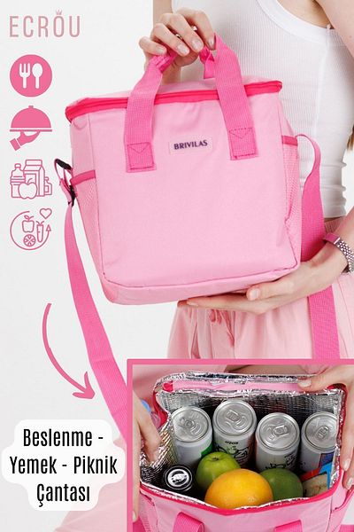 Ecrou 8l Capacitate mare Pliabil Nutriție Termică Scoala, Birou, Geantă Roz pentru Mâncare 25x25x15 Cm