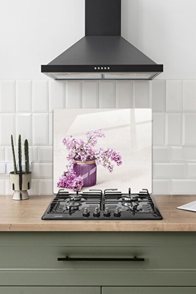 ALİN DİZAYN Cam Ocak Arkası Koruyucu | Mor Çiçek Ve Saksı Desenli | 52cm X 60cm