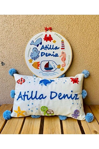 afralya home Bebek Çocuk Odası Isimli Dekoratif Yastık Kılıfı Ve Pano 2'li Ta...