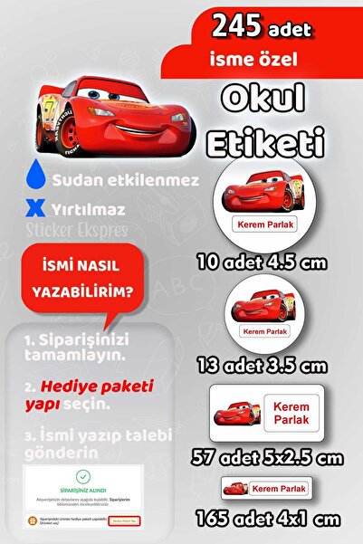 Sticker Ekspres Okul Etiketi Cars Arabalar Kalem Defter Etiketi Özel İsim Yaz...