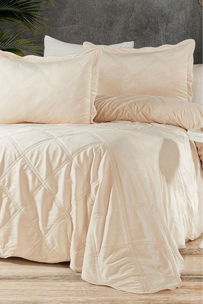 Çeyiz Diyarı Toyo Luxury Velvet Bedspread - Double, Ecru
