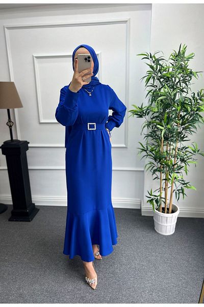 Nisa Nalbantoğlu Crepe Invitation Dress - Blue Jewelled Belt, Back Zipper